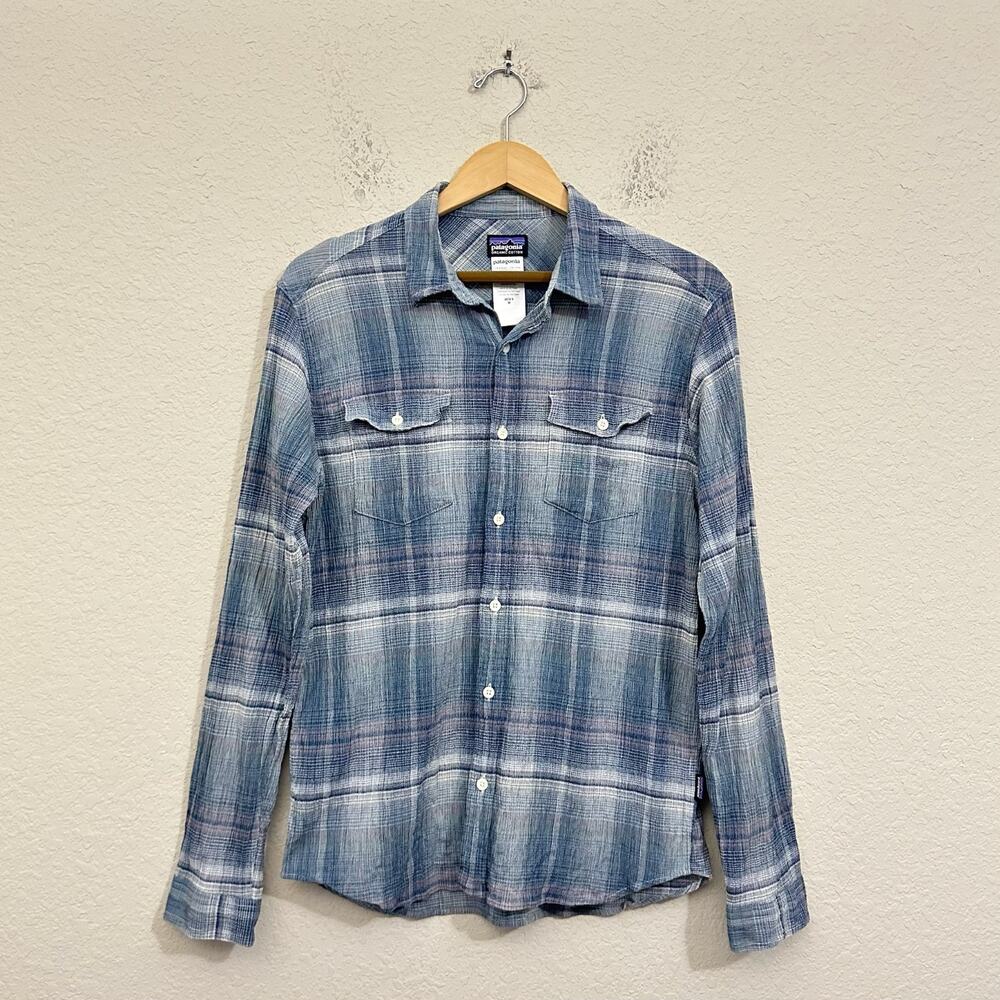 PATAGONIA A/C Steersman Shirt Blue Plaid Button Up Long Sleeve Crinkle